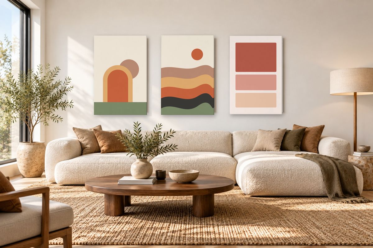 Three Prowallstock canvases above a sofa in a bright living room