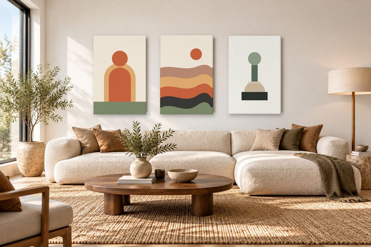 Three Prowallstock canvases above a sofa in a bright living room